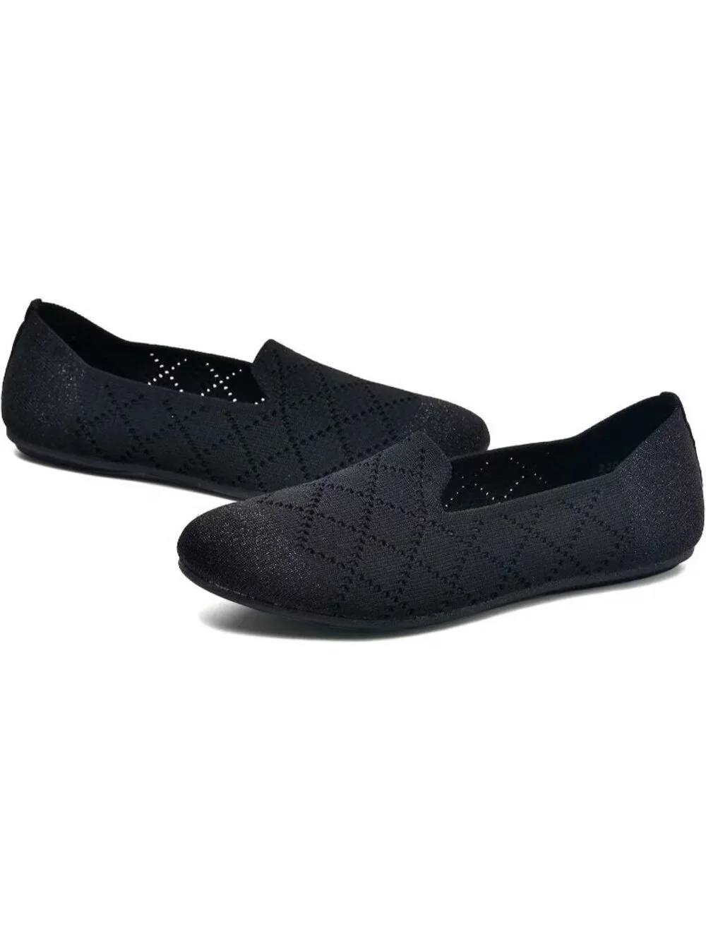 Women's Sparkly Black Ballet Flat Knit Round Toe Textile Slip On Walking Shoes